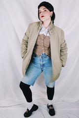 Men's or women's vintage 1970's Sir Jac label long sleeve grey colored longer length zip up bomber jacket with knit ribbed trim.