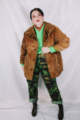 Men's or women's vintage 1970's Towncraft Penneys label long sleeve brown colored corduroy jacket with faux fur trim and liner.