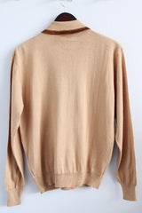 Women's or men's vintage 1960's Made in Italy Exclusively For Meier & Frank Company, Portland label long sleeve tan brown colored pullover sweater with a dagger collar and half front zipper closure.
