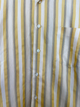 Men's or women's vintage 1960's Kent Collection by Arrow label long sleeve button up shirt with yellow, cream, and grey vertical stripes.