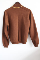 Men's or women's vintage 1960's Jantzen Limited, Made in USA label long sleeve brown colored wool material pullover sweater with a mock neck