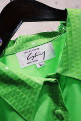 Women's vintage 1980's Collection by Shirq, New York, Made in USA label short sleeve bright lime green button up blouse with collar and shiny trim in a lightweight poly material.