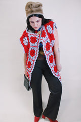 Women's vintage 1970's short sleeve crochet open front sweater with a drapey style in red and grey colors. Soft acrylic material