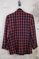 Women's vintage 1980's Casual Corner, Made in USA label black, red, and yellow tartan plaid double breasted blazer.