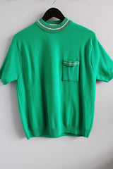 Women's or men's vintage 1970's Jodomar, Made in Canada label short sleeve top in bright green with a mock neck in a lightweight stretchy polyester material.
