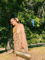 long log shaped gold metallic evening purse vintage 1960's