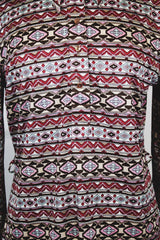 Women's vintage 1970's Loubella Extendables Inc. California label long sleeve printed blouse with a half button closure and dagger collar