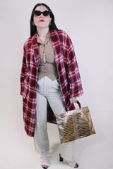 Women's or men's vintage 1950's Beacon label cotton blend material red and white plaid print sleepwear robe with satin trim and two front pockets