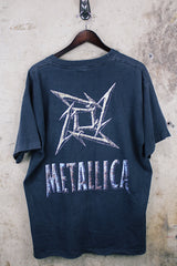 Men's or women's vintage 1990's Murina, Made in USA label short sleeve black Metallica band tee with multicolored graphic on front and back.