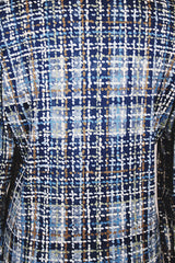 Women's vintage 1970's Mr. Alex, a division of Alex Colman Inc. label long sleeve button up blouse with dagger collar in all over white and blue colored abstract print.