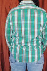 Women's or men's vintage 1970's Montgomery Ward label long sleeve button up flannel shirt in green and white plaid print.