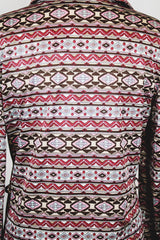 Women's vintage 1970's Loubella Extendables Inc. California label long sleeve printed blouse with a half button closure and dagger collar