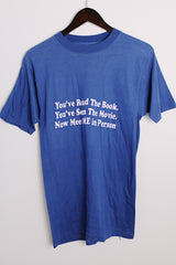 Women's or men's vintage 1970's E, IMEX, Made in Mexico label short sleeve blue tee with white slogan on the front in a cotton or polyester material.