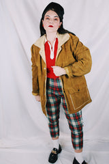 Men's or women's vintage 1960's Jo-O-Kay, Fashions in Leather by Corral Sportswear CO. label long sleeve tan brown suede jacket with cream shearling liner.