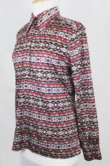 Women's vintage 1970's Loubella Extendables Inc. California label long sleeve printed blouse with a half button closure and dagger collar