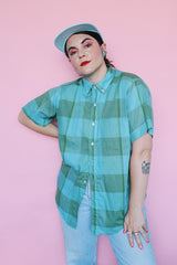 Men's or women's vintage 1960's John Wells, Traditional Tapered, Made in USA label short sleeve button up shirt in blue and green large plaid print.