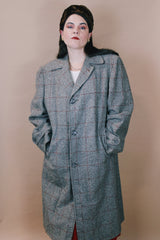 Men's or women's vintage 1960's Max Weinstein Tailor, Portland, Oregon label size large long sleeve long length brown tweed wool trench coat with button closure.c