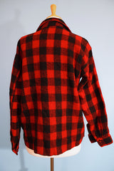 Men's or women's vintage 1950's Sportswear Bigger 4 Better, The Bell Rings True long sleeve black and red buffalo plaid button up shacket in wool material.