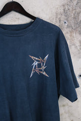 Men's or women's vintage 1990's Murina, Made in USA label short sleeve black Metallica band tee with multicolored graphic on front and back.