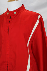 Men's or women's vintage 1970's Sears Sportswear, For Pool Beach and Patio label long sleeve red nylon windbreaker jacket with two white stripes in the front.