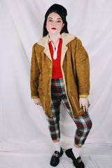 Men's or women's vintage 1960's Jo-O-Kay, Fashions in Leather by Corral Sportswear CO. label long sleeve tan brown suede jacket with cream shearling liner.