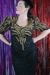 Women's vintage 1980's Mark & John by Sam, Made in India label long length short sleeve beaded and sequined dress in black and gold.