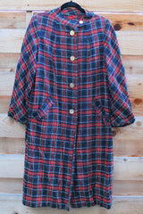 Women's vintage 1960's long label long length plaid tartan print jacket in black and red with gold buttons. Fully lined and has side pockets.