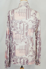 Women's or men's vintage 1970's Scene 3 by Da Vinci label long sleeve slinky polyester material button up shirt with a novelty print in white, grey, and light pink.