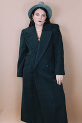 Men's vintage 1980's Tempo Europa by London Fog, Made in USA label size large dark charcoal grey long sleeve long length wool heavyweight coat.