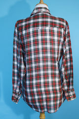 Men's vintage 1970's Washington Dee-Cee Western Wear, Made in USA label long sleeve button up plaid shirt with pearl silver snap buttons. Western style in white, red, and green colors.