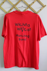 Women's or men's vintage 1980's short sleeve red cotton graphic t-shirt. Cheetos mascot graphic on the front, text on the back.