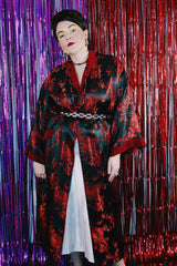 Women's or men's vintage 1990's NK label long sleeve long length black and red reversible robe smoking jacket in a thick silk material.