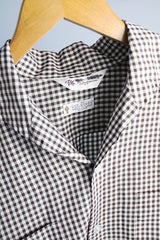 Women's or men's vintage 1970's Mr. California label long sleeve brown and white gingham print button up shirt with dagger collar and two chest pockets. Lightweight polyester material.