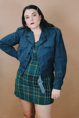 Men's vintage 1950's FLYVAPNET Nr. 48 size small Swedish Air Force cropped long sleeve wool jacket in navy blue that looks like denim.