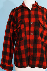 Men's or women's vintage 1950's Sportswear Bigger 4 Better, The Bell Rings True long sleeve black and red buffalo plaid button up shacket in wool material.