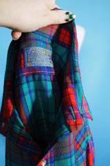 Men's vintage 1980's Pendleton, Made in USA label long sleeve button up plaid print shirt in red, blue, and green and a wool material.