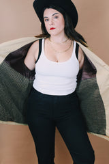 Men's vintage 1980's McGregor, Made in USA label size large tan canvas colored long sleeve medium length jacket with brown corduroy trim collar and buttons up the front