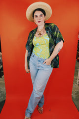 Women's or men's vintage 1970's Sportsman by Cal-Made California short sleeve printed button up shirt with collar.