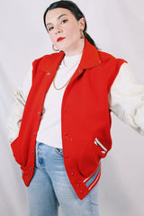 Men's or women's vintage 1960's US Doe-Lon, The Finest Fashion in VINYL label long sleeve red and white varsity letterman jacket with snap buttons and pockets.