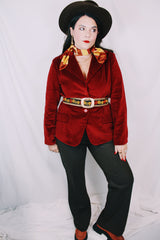 Women's vintage 1980's The Gathering, Sears label long sleeve burnt orange velvet blazer with button front closure and double lapel.
