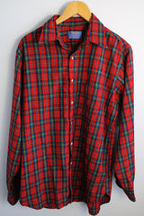 Men's or women's vintage 1980's Pendleton label long sleeve button up shirt in an all over red plaid print. Lightweight wool material, tortoise buttons.