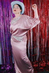 Women's vintage 1980's shiny satin light pink two piece matching set.