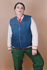 Men's vintage 1970's Roebucks, Sears label size XL sleeveless dark denim vest with cream shearling liner and popper buttons.