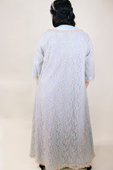 Women's vintage 1970's I. Magnin, Odette Barsa label long length short sleeve baby blue cream lace duster robe jacket with ribbon trim and peter pan collar.