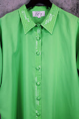 Women's vintage 1980's Collection by Shirq, New York, Made in USA label short sleeve bright lime green button up blouse with collar and shiny trim in a lightweight poly material.