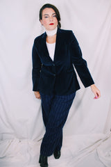 Women's vintage 1980's Curly Top, Made in Korea label long sleeve dark navy blue velvet blazer with button front closure and two pockets.