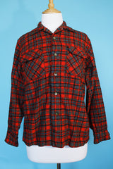Men's vintage 1960's Pendleton label long sleeve button up shirt in red and grey plaid print in a wool material.