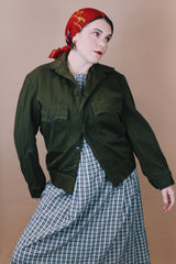 Men's vintage 1950's Caleb V. Smith & S, New York label size large dark green wool cropped fit long sleeve button up jacket with brown shearling liner.