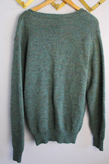 Women's or men's vintage 1970's Alps, Rugged Outdoors, Merrimac Valley, New England label long sleeve green colored button up cardigan.