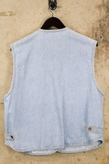 Women's or men's vintage 1990's Casey & Max label light blue denim sleeveless best with all over pockets and bronze hardware.